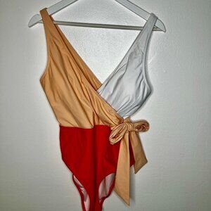 Cupshe Womens 1-Piece Swimsuit XL Orange White Tie Color Block Bathing Suit NWT